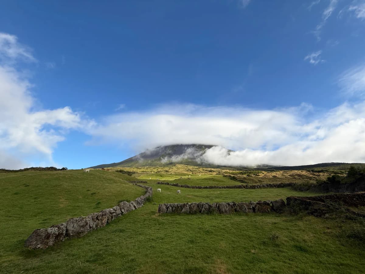 A lush green landscape with Mount Pico and vibrant skies in the Azores.